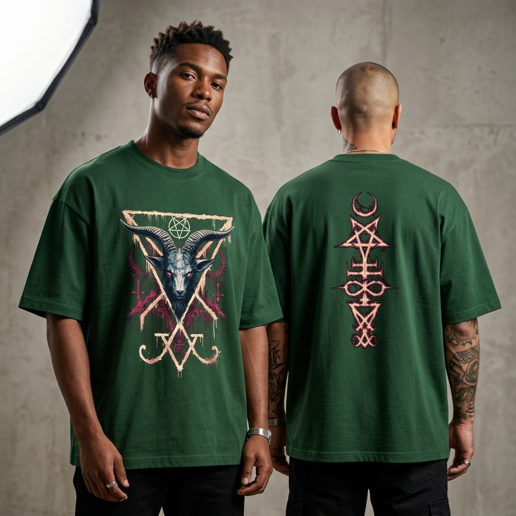 GREEN oversized gothic t-shirt with demonic goat graphic and occult back print.