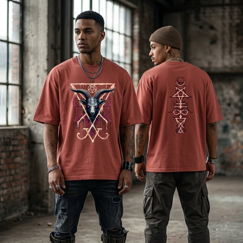 RED oversized gothic t-shirt with demonic goat graphic and occult back print.