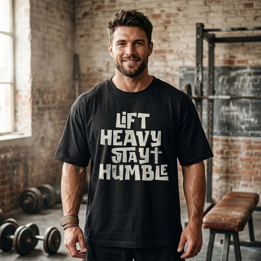 Black oversized graphic t-shirt featuring Lift Heavy Stay Humble motivational typography print for gym and streetwear fashion