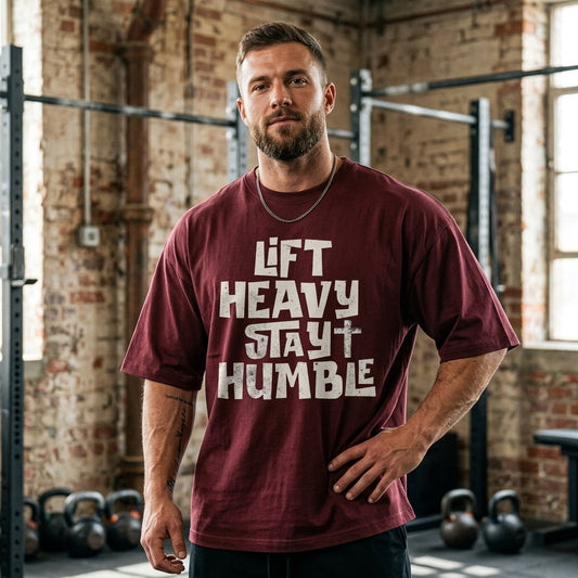 marroon oversized graphic t-shirt featuring Lift Heavy Stay Humble motivational typography print for gym and streetwear fashion