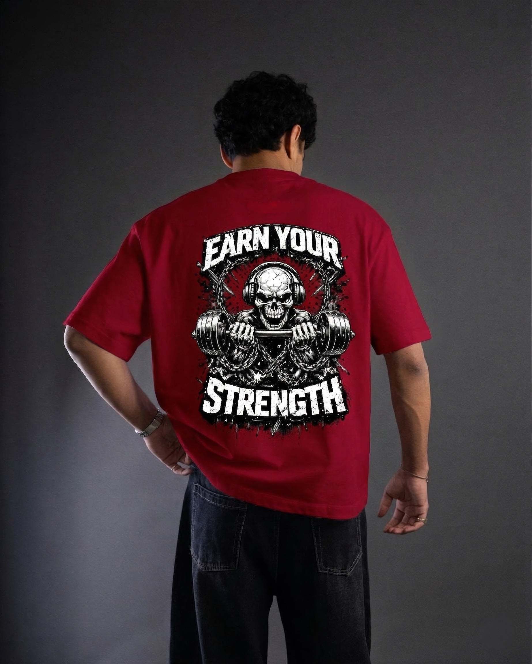 Earn Your Strength red oversized gym t-shirt back print skull barbell design StayRaw