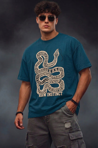 PETROL BLUE oversized t shirt with tribal snake graphic and raw instinct text