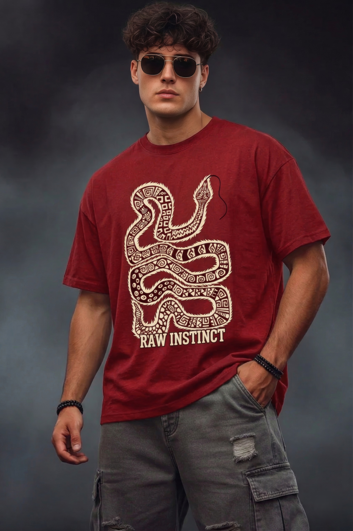RED oversized t shirt with tribal snake graphic and raw instinct text