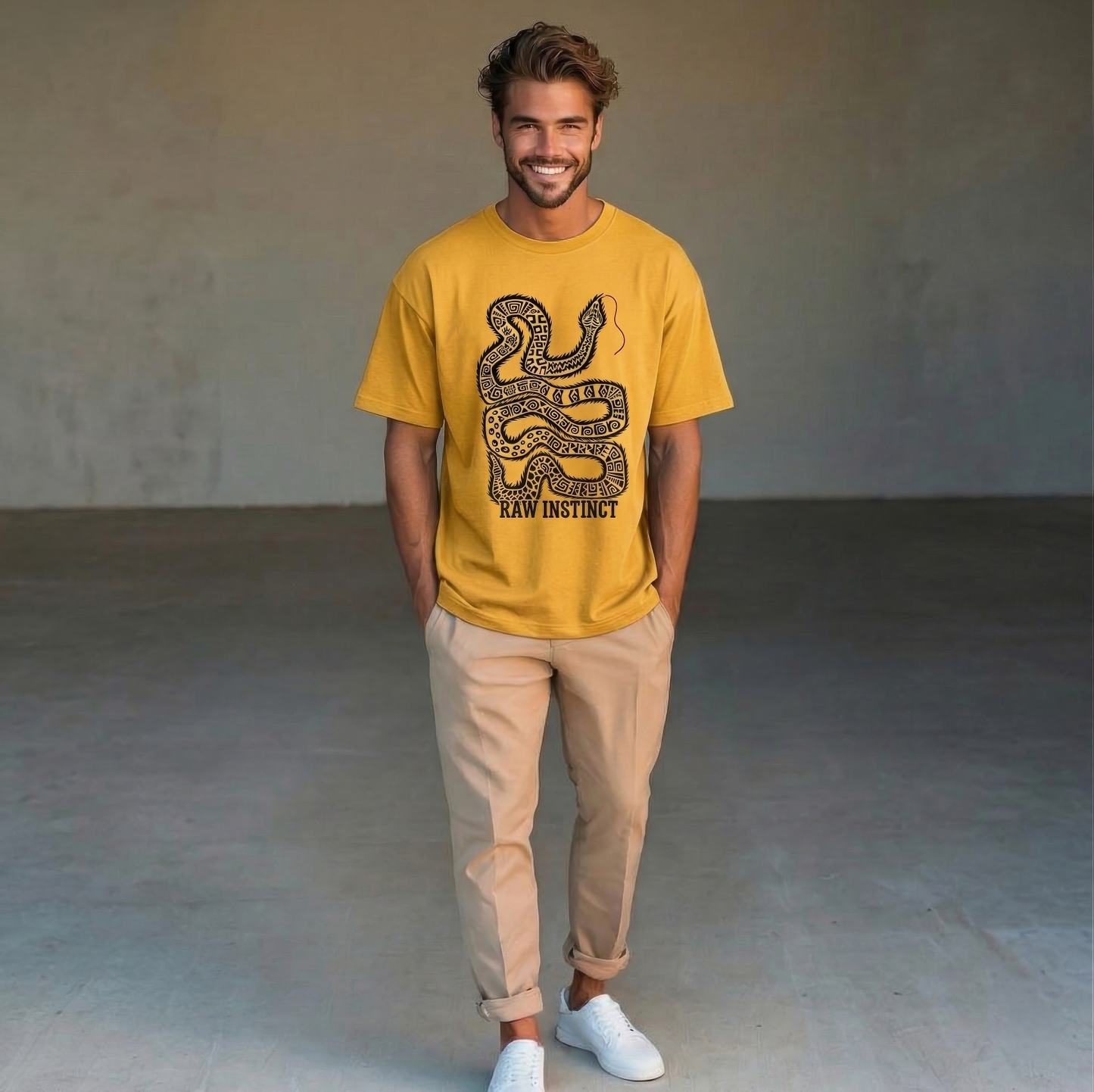 YELLOW oversized t shirt with tribal snake graphic and raw instinct text