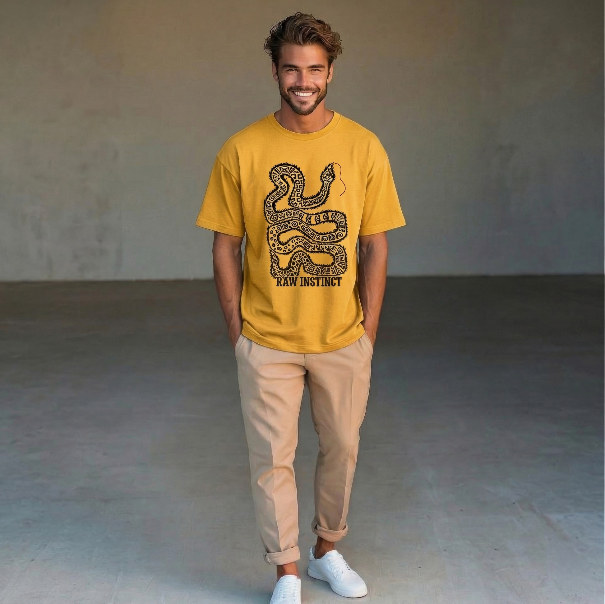 YELLOW oversized t shirt with tribal snake graphic and raw instinct text