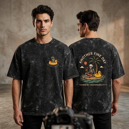 Skeleton Beach Oversized Acid Wash T-Shirt BLACK