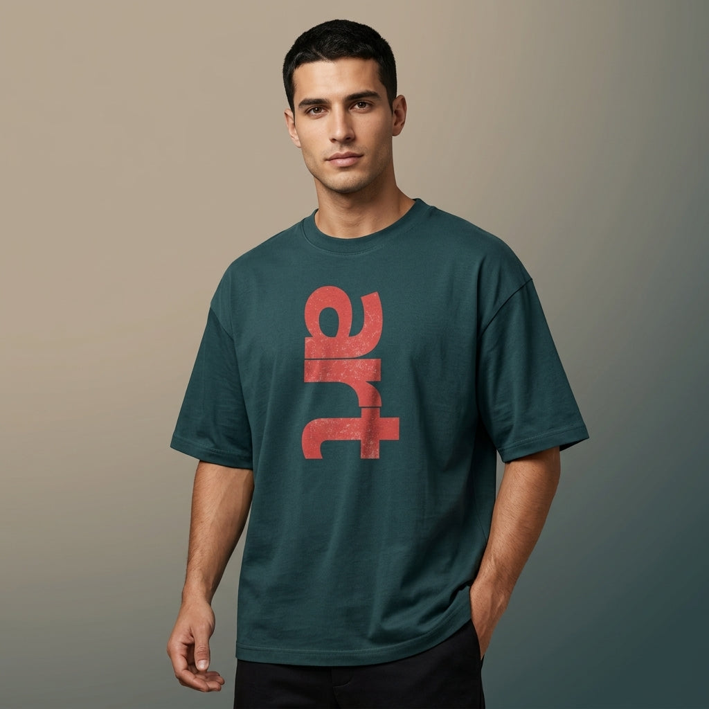STAYRAW Art Graphic Oversized green T-Shirt with Distressed Red Typography Print
