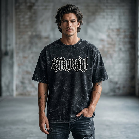 STAYRAW Gothic Logo Black Acid Wash Oversized Streetwear T-Shirt