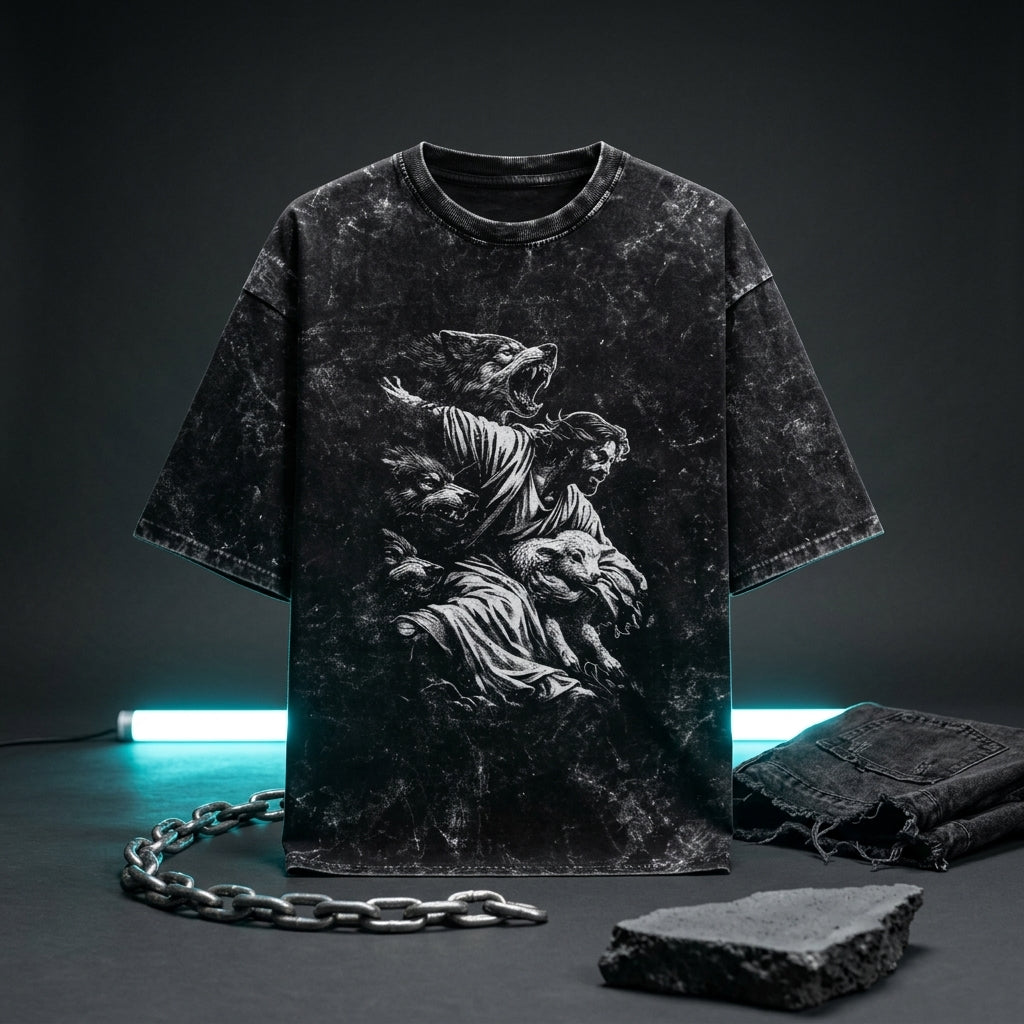 Acid wash oversized black t-shirt with vintage engraving warrior and beast graphic, 240 GSM heavyweight cotton TSHIRT
