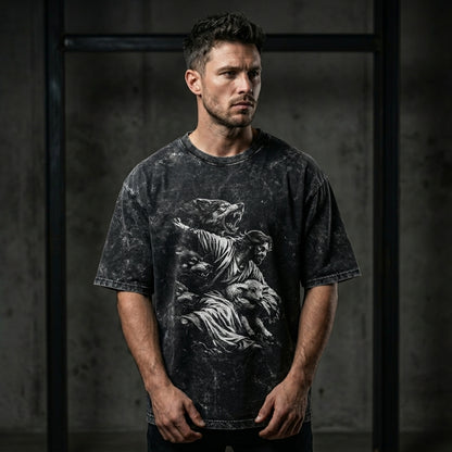 Acid wash oversized black t-shirt with vintage engraving warrior and beast graphic, 240 GSM heavyweight cotton