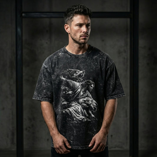 Acid wash oversized black t-shirt with vintage engraving warrior and beast graphic, 240 GSM heavyweight cotton