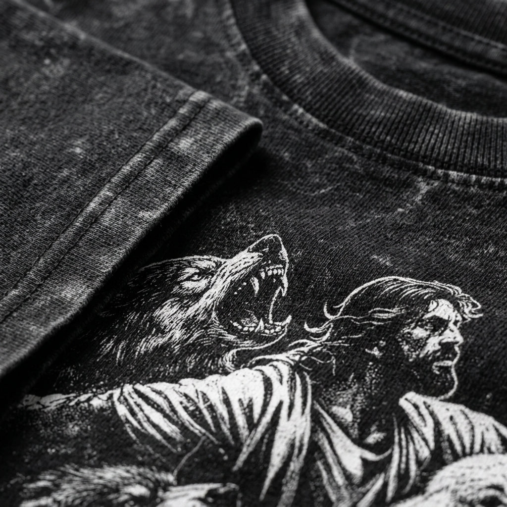 Acid wash oversized black t-shirt with vintage engraving warrior and beast graphic, 240 GSM heavyweight cotton TEXTURE