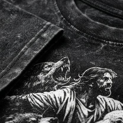 Acid wash oversized black t-shirt with vintage engraving warrior and beast graphic, 240 GSM heavyweight cotton TEXTURE