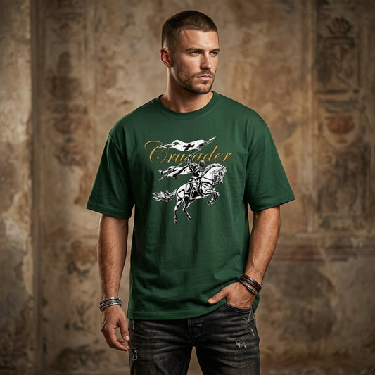 Crusader Knight Graphic Oversized T-Shirt – Vintage Warrior Horse Print | 240 GSM Heavyweight Cotton