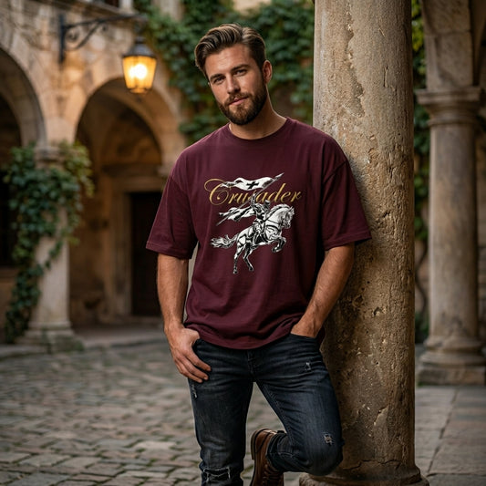 Crusader Knight Graphic Oversized T-Shirt – Vintage Warrior Horse Print | 240 GSM Heavyweight Cotton