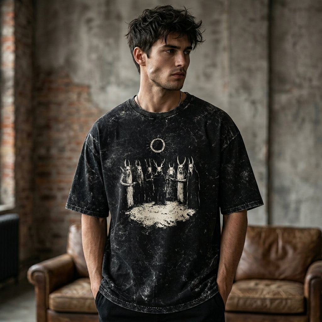 Dark Ritual Eclipse Oversized Acid Wash Graphic T-Shirt