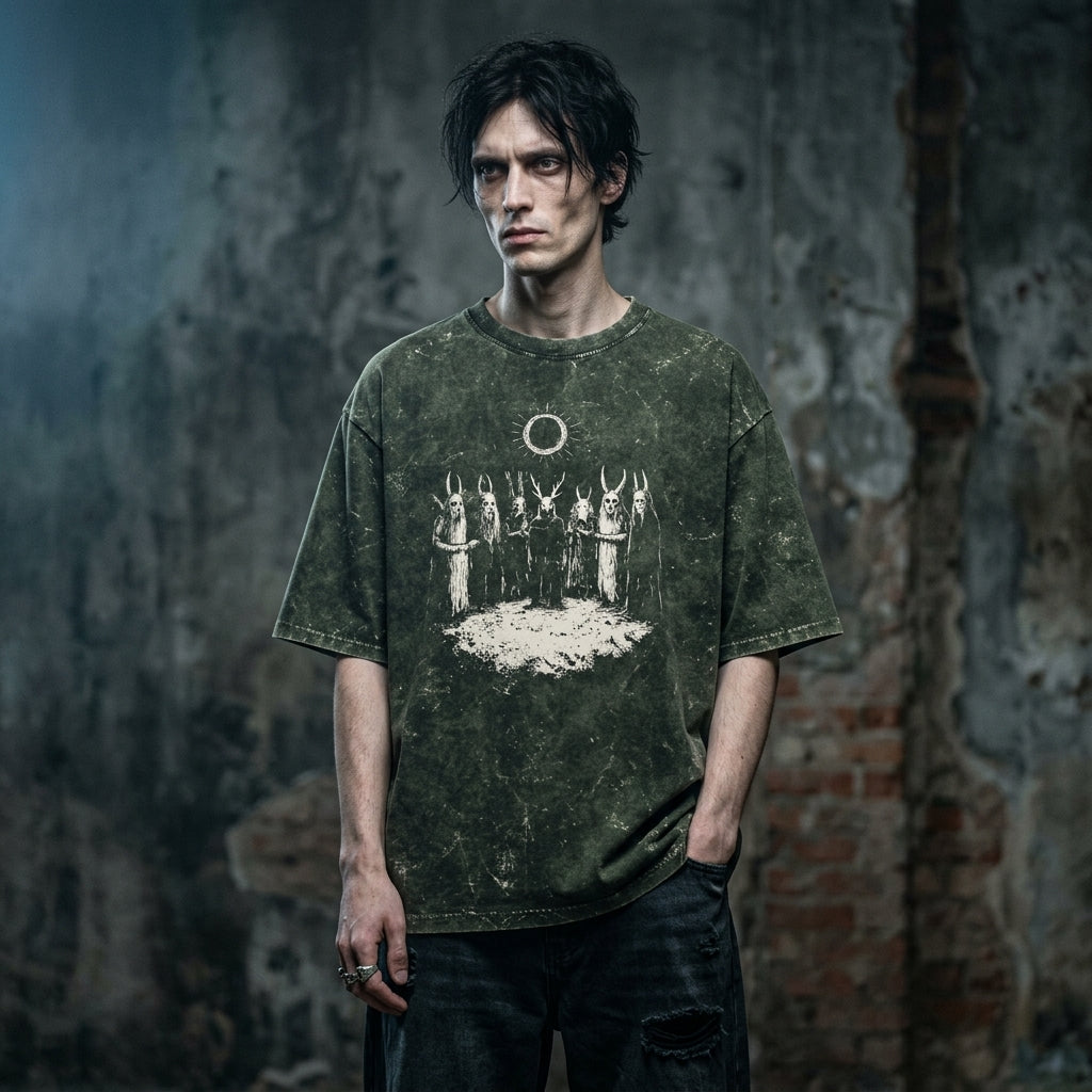 Dark Ritual Eclipse Oversized Acid Wash Graphic T-Shirt