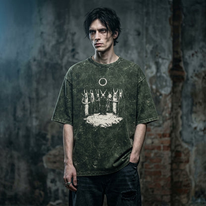 Dark Ritual Eclipse Oversized Acid Wash Graphic T-Shirt