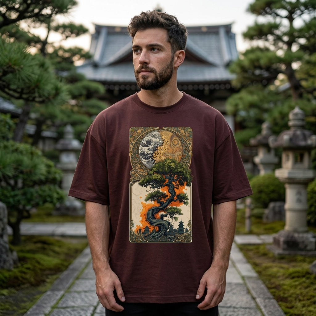 Artistic tree graphic on green oversized tee