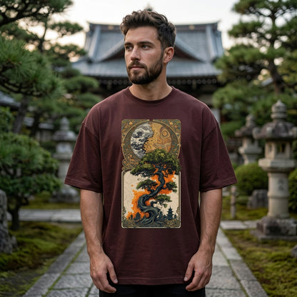 Artistic tree graphic on green oversized tee