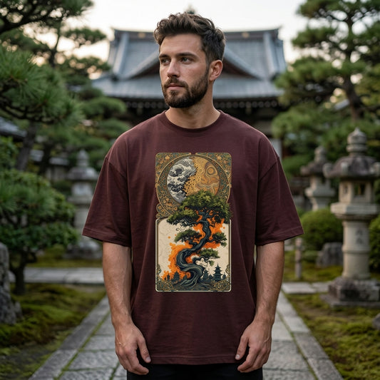 Artistic tree graphic on green oversized tee