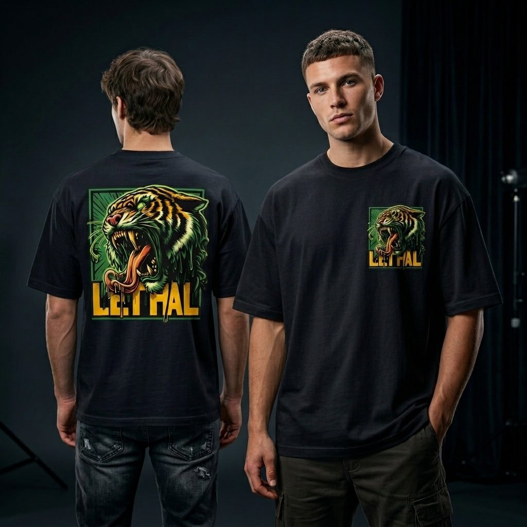 Black oversized t-shirt with lethal roaring tiger graphic print