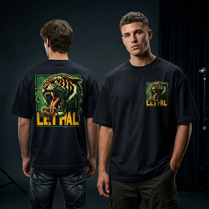 Black oversized t-shirt with lethal roaring tiger graphic print