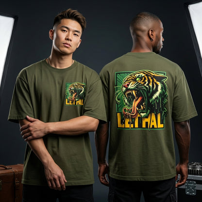 Green oversized t-shirt with roaring tiger streetwear graphic
