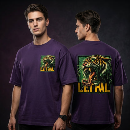 purple oversized t-shirt with lethal roaring tiger graphic print