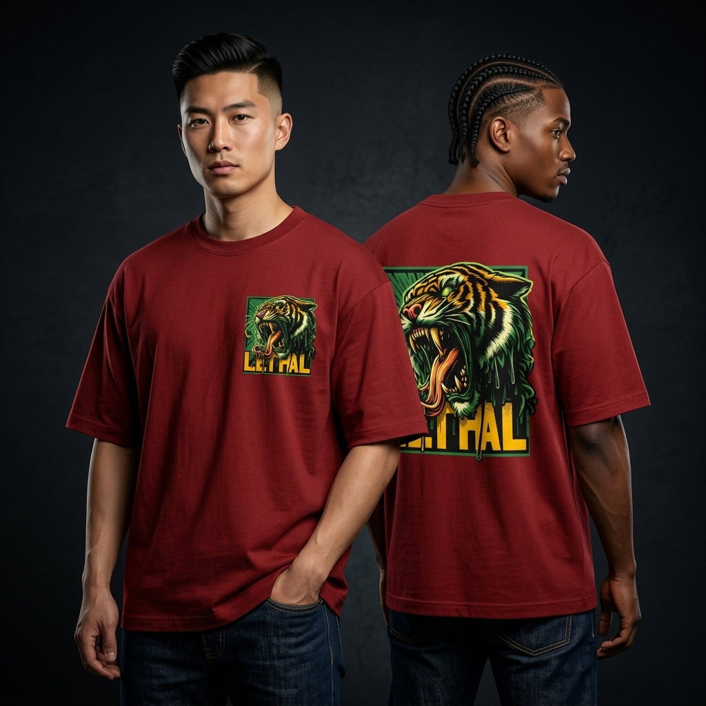 red oversized t-shirt with lethal roaring tiger graphic print