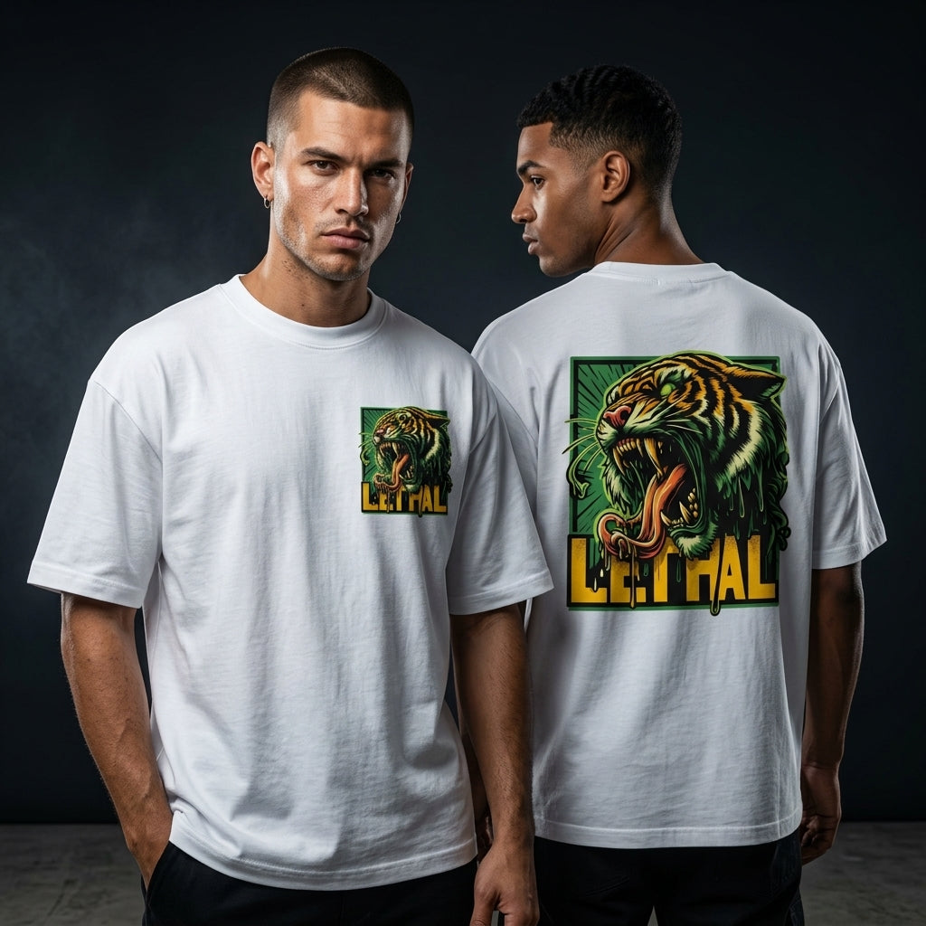 white oversized t-shirt with lethal roaring tiger graphic print