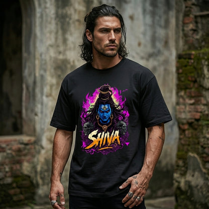 Black t-shirt with neon Shiva graphic design