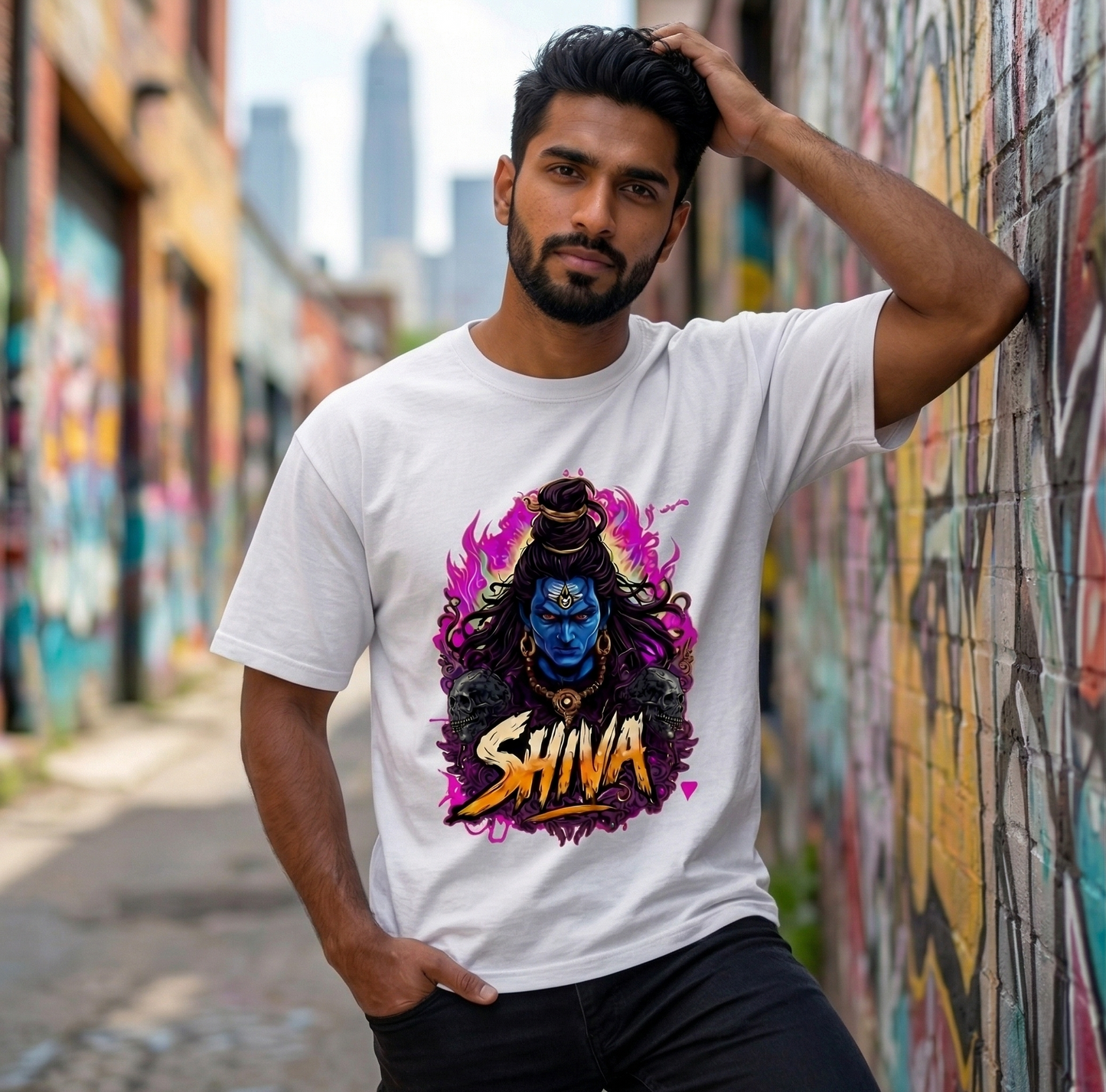 White t-shirt with Lord Shiva vibrant print