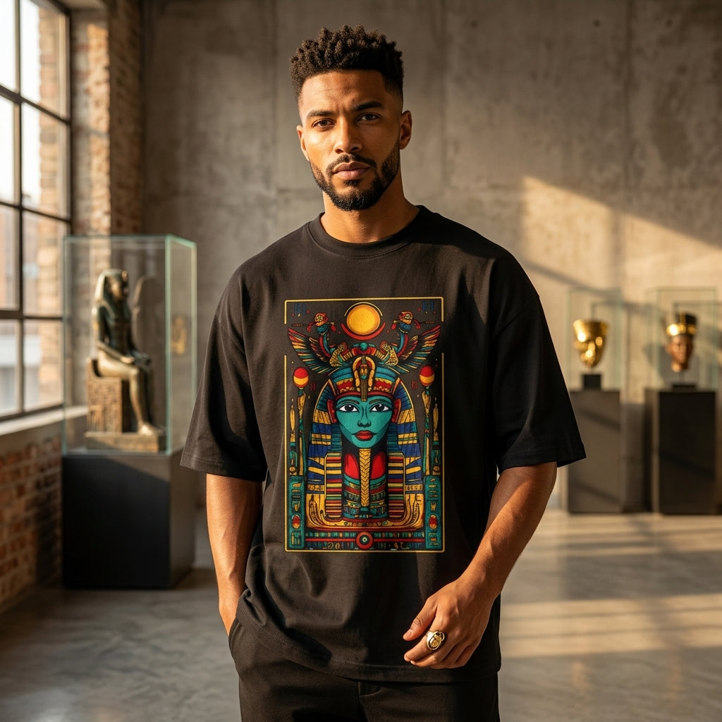 Ancient Egyptian queen graphic oversized t-shirt with colorful pharaoh design on black cotton fabric
