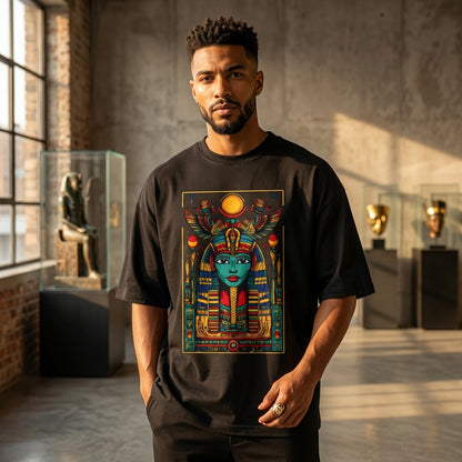 Ancient Egyptian queen graphic oversized t-shirt with colorful pharaoh design on black cotton fabric
