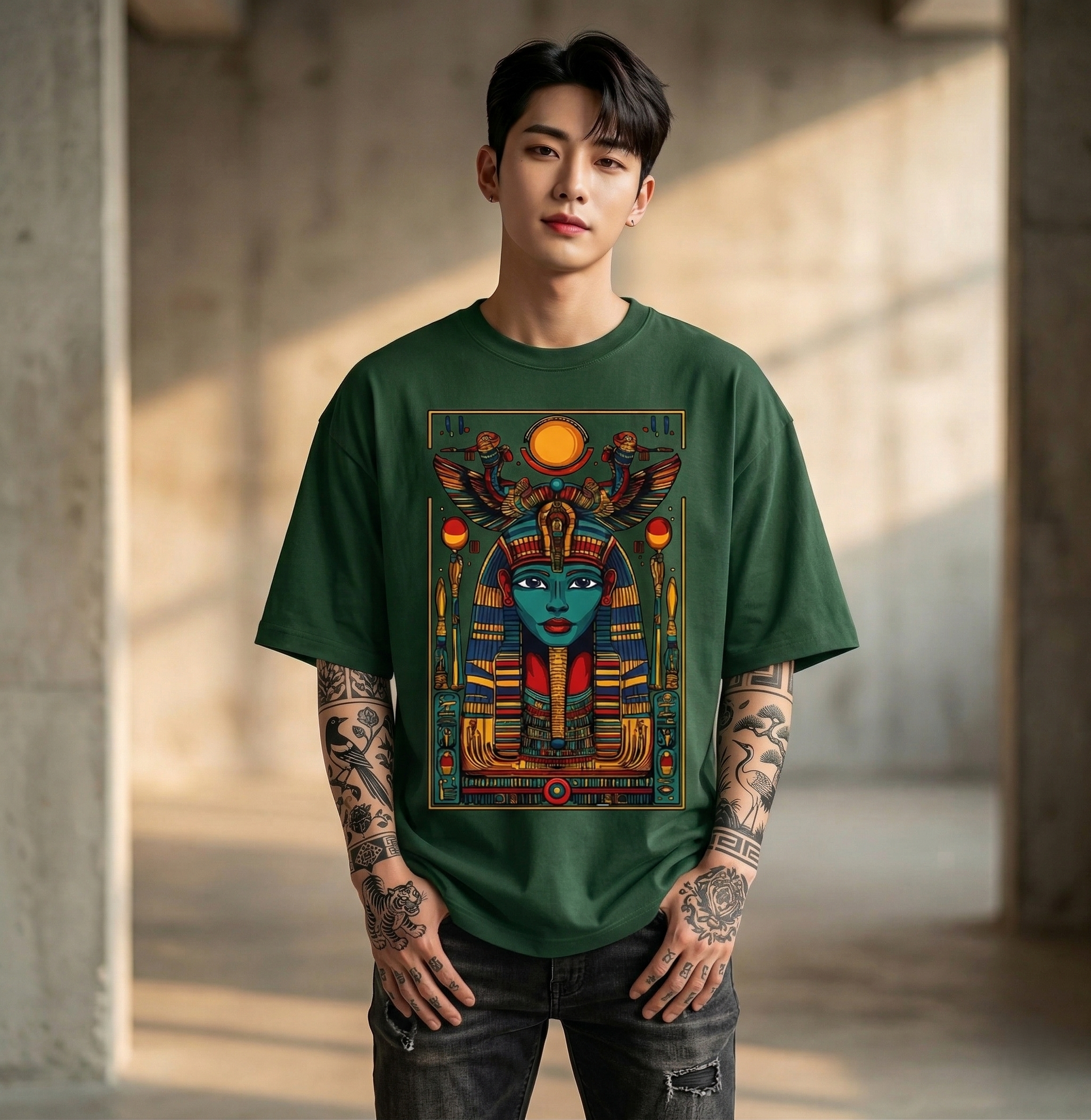 Ancient Egyptian queen graphic oversized t-shirt with bold pharaoh graphic on green cotton fabric