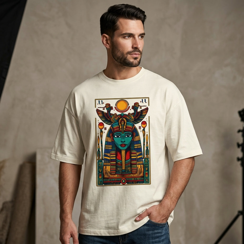 Ancient Egyptian queen graphic oversized t-shirt with intricate Egyptian artwork on off-white premium cotton fabric
