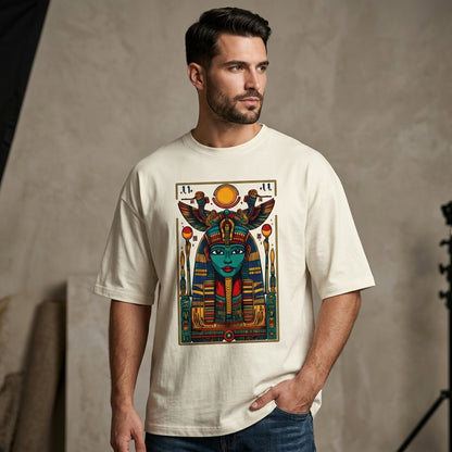 Ancient Egyptian queen graphic oversized t-shirt with intricate Egyptian artwork on off-white premium cotton fabric