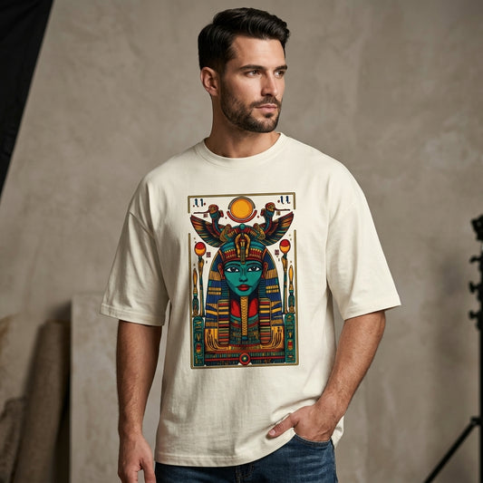 Ancient Egyptian queen graphic oversized t-shirt with intricate Egyptian artwork on off-white premium cotton fabric