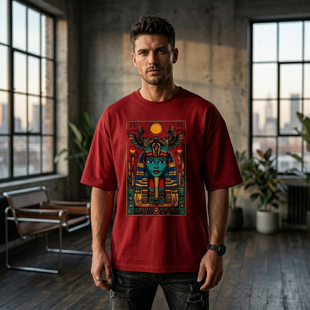 Ancient Egyptian queen graphic oversized t-shirt with vibrant pharaoh artwork on red cotton fabric