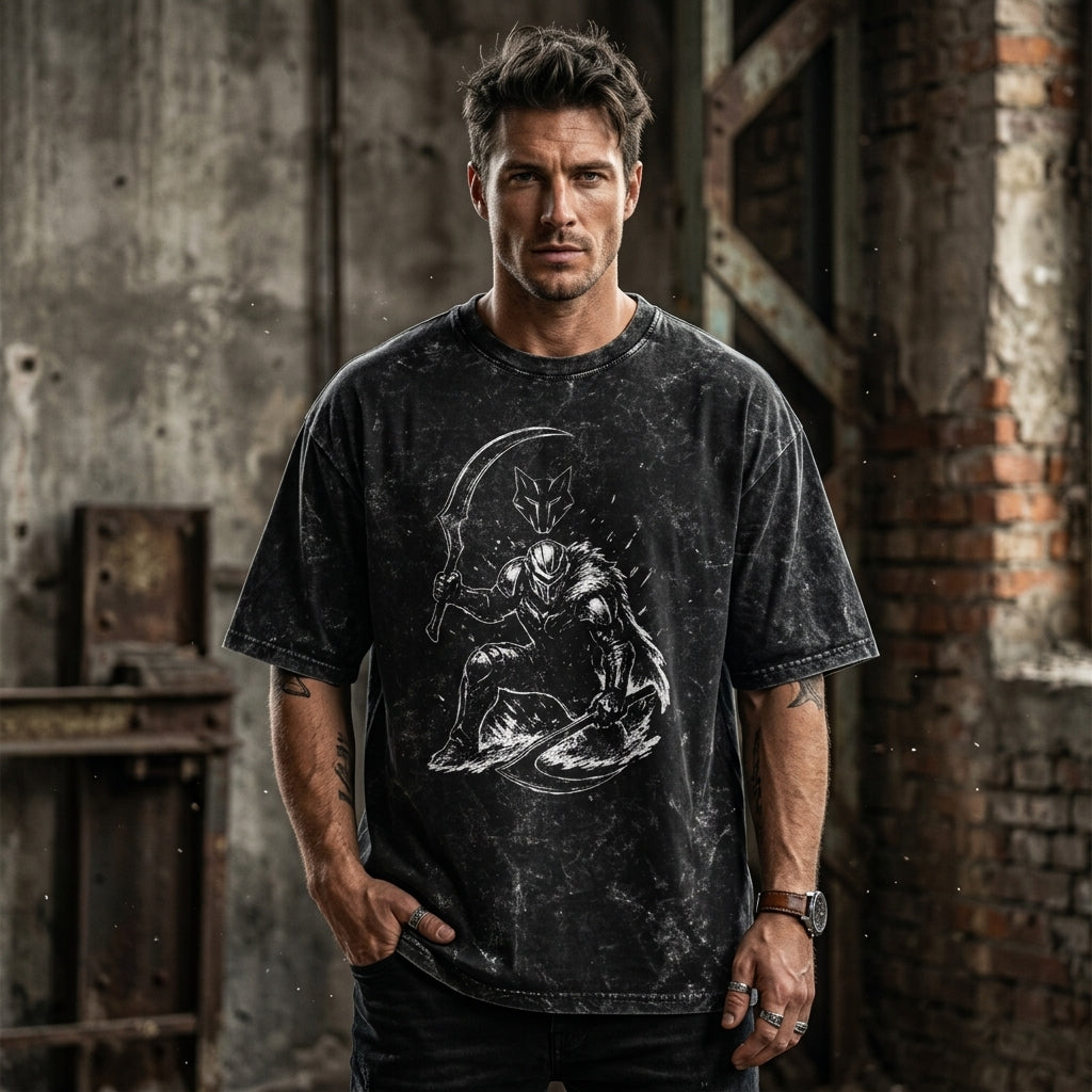 black Shadow Reaper Acid Wash Oversized T-Shirt with Gothic Warrior and Scythe Graphic
