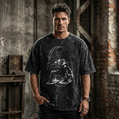 black Shadow Reaper Acid Wash Oversized T-Shirt with Gothic Warrior and Scythe Graphic