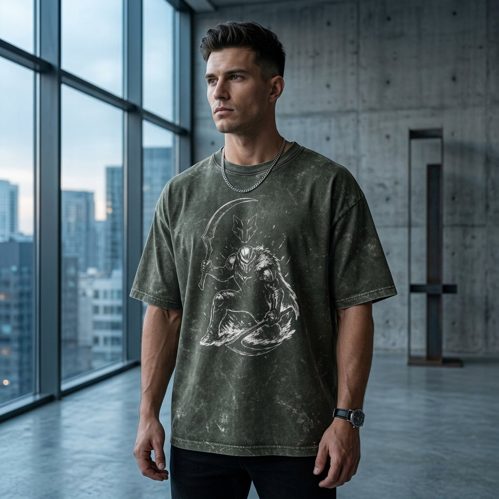 olive green Shadow Reaper Acid Wash Oversized T-Shirt with Gothic Warrior and Scythe Graphic