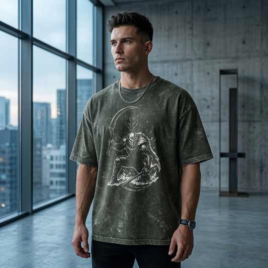 olive green Shadow Reaper Acid Wash Oversized T-Shirt with Gothic Warrior and Scythe Graphic