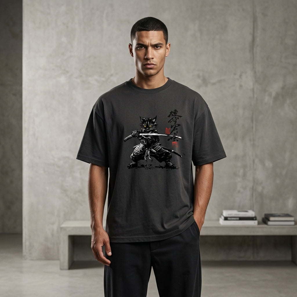 Forest green oversized t-shirt featuring a black samurai cat holding katanas with Japanese calligraphy artwork black