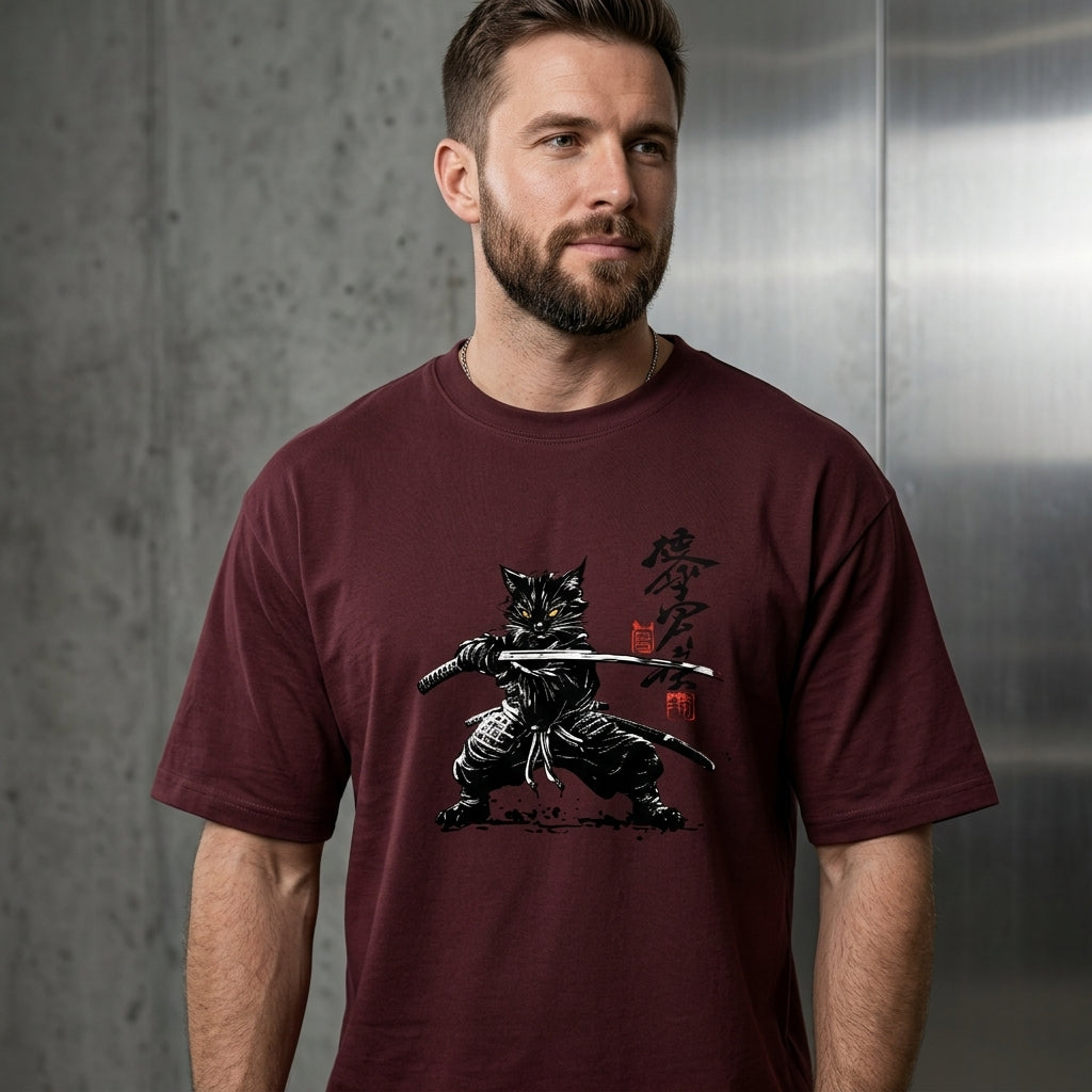 Forest green oversized t-shirt featuring a black samurai cat holding katanas with Japanese calligraphy artwork maroon