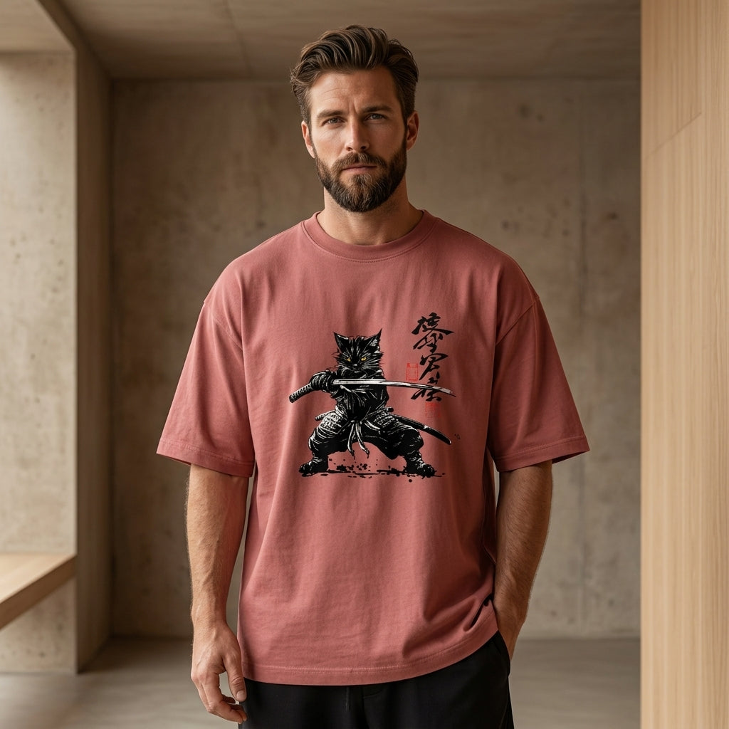Forest green oversized t-shirt featuring a black samurai cat holding katanas with Japanese calligraphy artwork red