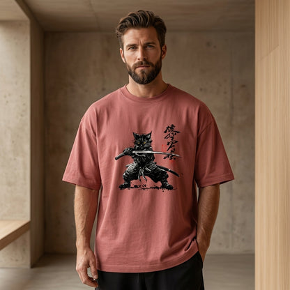 Forest green oversized t-shirt featuring a black samurai cat holding katanas with Japanese calligraphy artwork red