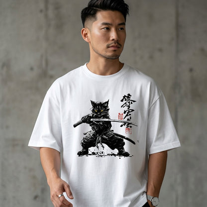 Forest green oversized t-shirt featuring a black samurai cat holding katanas with Japanese calligraphy artwork white