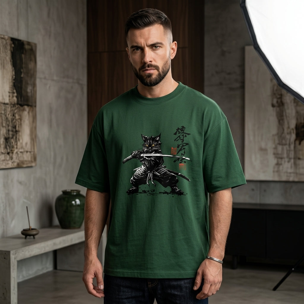 Forest green oversized t-shirt featuring a black samurai cat holding katanas with Japanese calligraphy artwork green